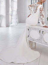 Scoop Neck Long Sleeves Satin Mermaid Fitted Wedding Dresses Lace-Dbrbridal