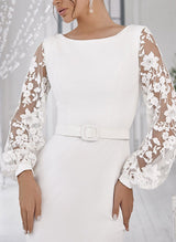 Scoop Neck Long Sleeves Satin Mermaid Fitted Wedding Dresses Lace-Dbrbridal