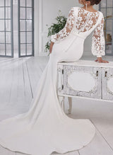 Scoop Neck Long Sleeves Satin Mermaid Fitted Wedding Dresses Lace-Dbrbridal