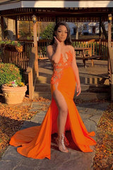 See Through Sleeveless Front Slit Brush Train Appliques Mermaid Prom Gowns-Dbrbridal