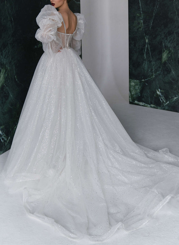 Sequined Ball-Gown Elegant Sweetheart Wedding Dresses Removable Long Sleeves-Dbrbridal