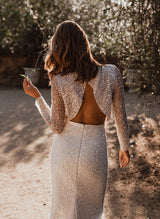 Sequined Long Sleeves Scoop Neck Wedding Dress-Dbrbridal