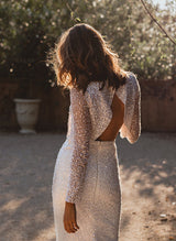 Sequined Long Sleeves Scoop Neck Wedding Dress-Dbrbridal