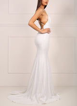 Sequined Mermaid Fitted V-Neck Sleeveless Wedding Dresses Open Back-Dbrbridal
