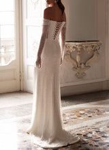 Sequined Wedding Dress Sparkly Sheath One-Shoulder Long Sleeves Sweep Train-Dbrbridal