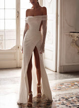 Sequined Wedding Dress Sparkly Sheath One-Shoulder Long Sleeves Sweep Train-Dbrbridal