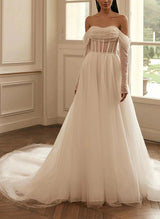 Sequined Wedding Dresses Chic A-line Off-The-Shoulder Long Sleeves-Dbrbridal