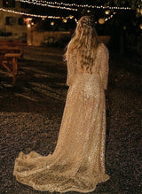 Sequined Wedding Dresses Chic A-line V-Neck Long Sleeves Sweep Train-Dbrbridal