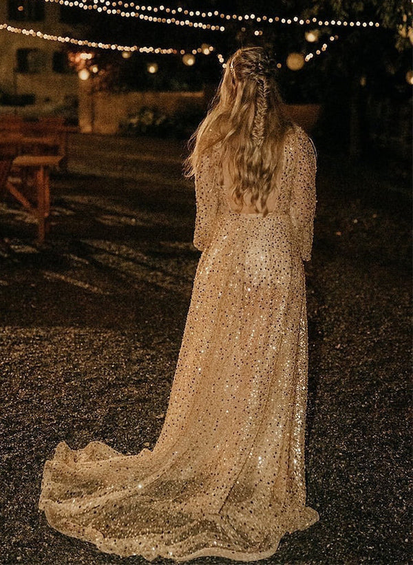 Sequined Wedding Dresses Chic A-line V-Neck Long Sleeves Sweep Train-Dbrbridal