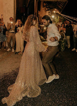 Sequined Wedding Dresses Chic A-line V-Neck Long Sleeves Sweep Train-Dbrbridal