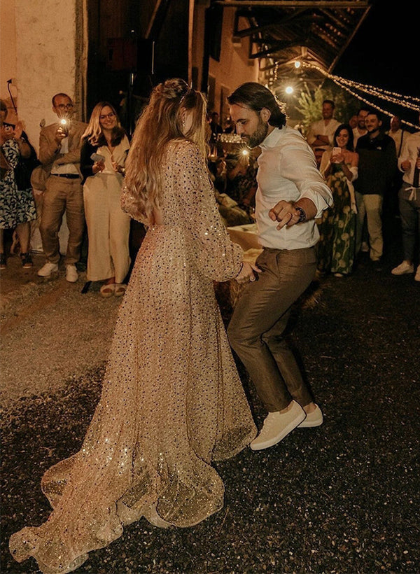 Sequined Wedding Dresses Chic A-line V-Neck Long Sleeves Sweep Train-Dbrbridal