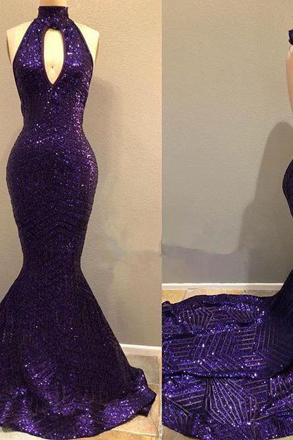 Sequins Halter Grape Party Dresses Backless Long Evening Gowns-Dbrbridal