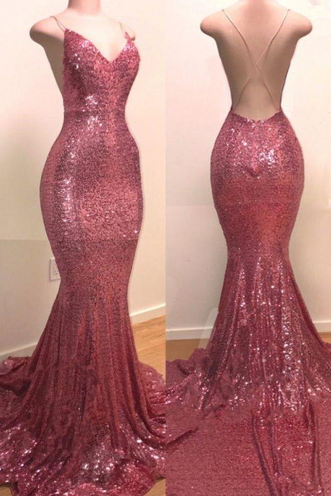 Sequins Sleeveless V-Neck Spaghetti Backless Prom Dresses-Dbrbridal