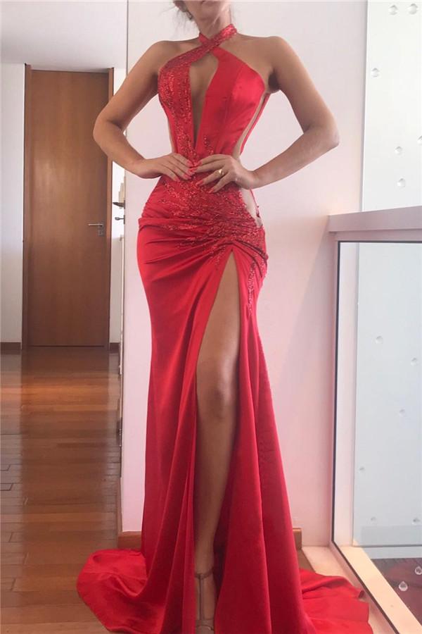 Sequins Split Front Mermaid Evening Gowns Halter Chic Prom dresses-Dbrbridal