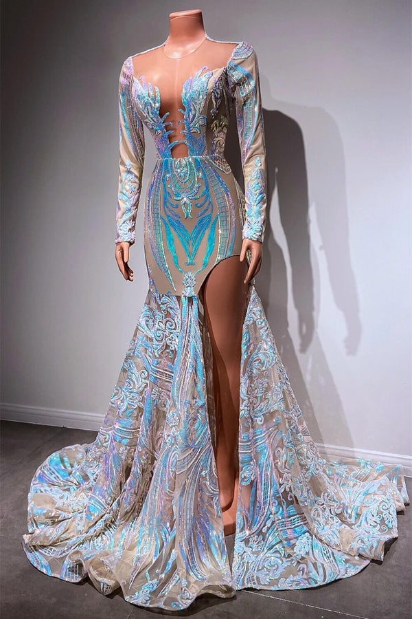 Sequins Split Mermaid Prom Dresses with Long Sleeves-Dbrbridal