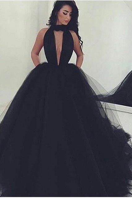 Sexy Ball Gown Black Prom Dress Long Tulle Sexy Deep V-Neck-Dbrbridal