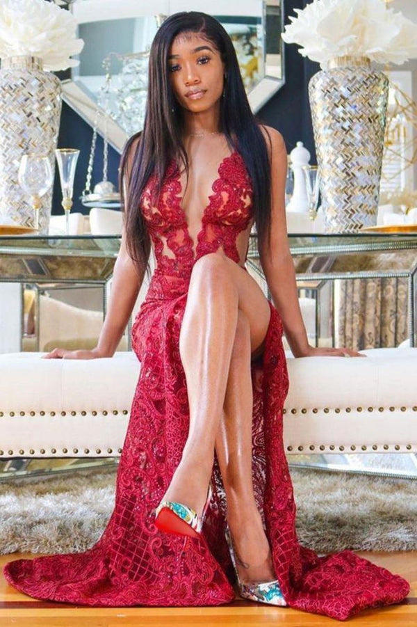 Sexy Deep V-Neck Red Formal DressesFloral Lace Appliques Split Front Party Dress-Dbrbridal