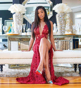 Sexy Deep V-Neck Red Formal DressesFloral Lace Appliques Split Front Party Dress-Dbrbridal