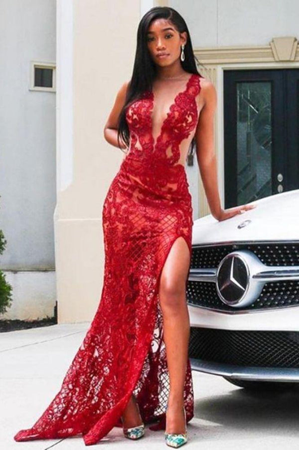 Sexy Deep V-Neck Red Formal DressesFloral Lace Appliques Split Front Party Dress-Dbrbridal