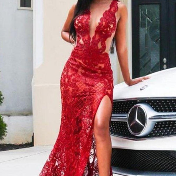 Sexy Deep V-Neck Red Formal DressesFloral Lace Appliques Split Front P –  Dbrbridal