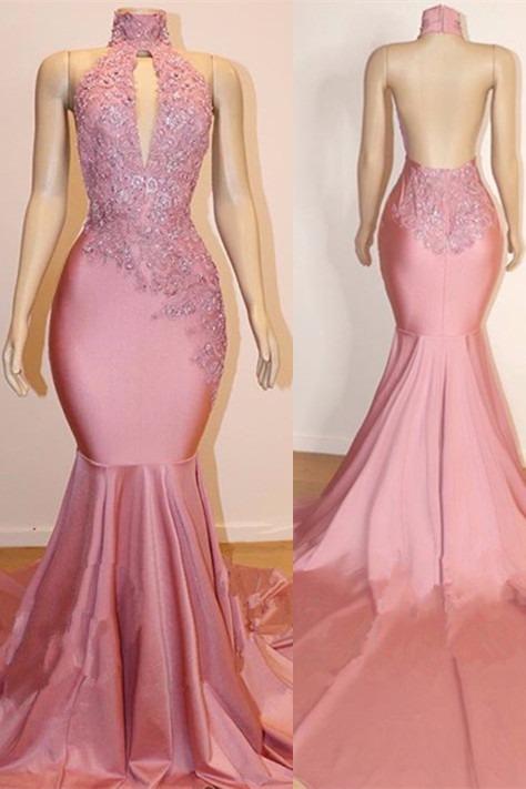 Sexy High Collar Mermaid Prom Dress Sequins Pink Long Backless-Dbrbridal