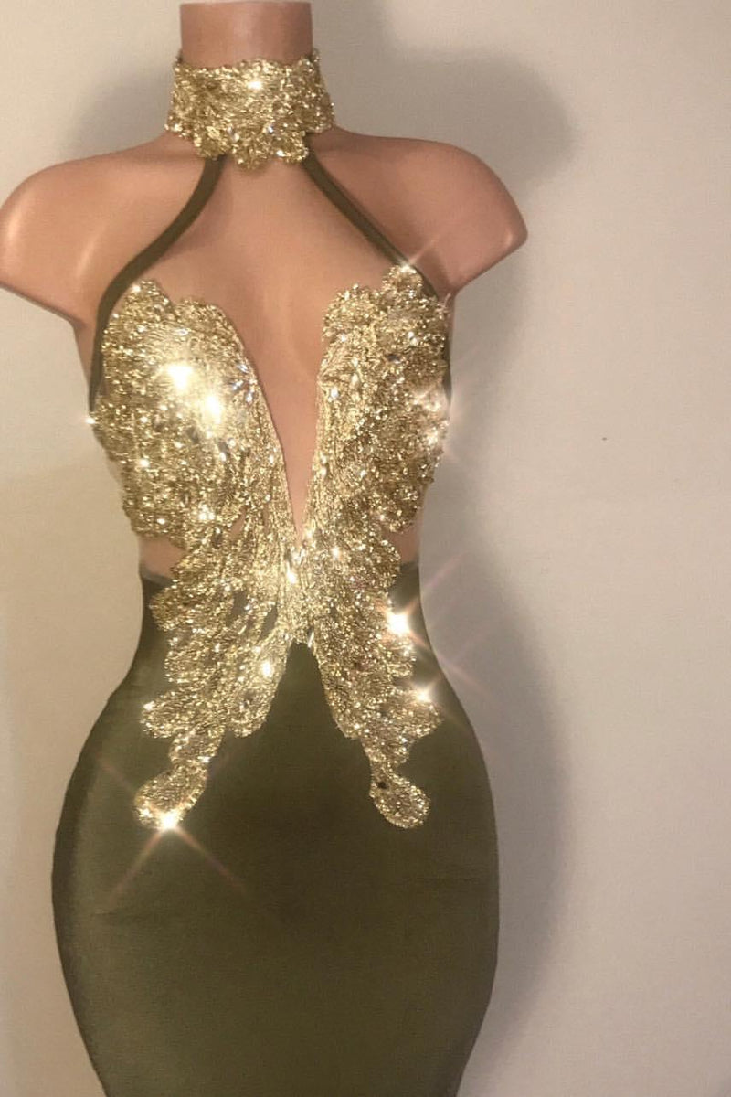 Sexy V-Neck Halter Backless Mermaid Prom Dress Sequins Chiffon Green Long Backless-Dbrbridal