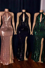 Shiny Sequins Halter Keyhole Neckline Front Slit Mermaid Prom Gowns-Dbrbridal