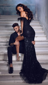 Shiny Sequins Off The Shoulder Slit Prom Dress with Feathers-Dbrbridal