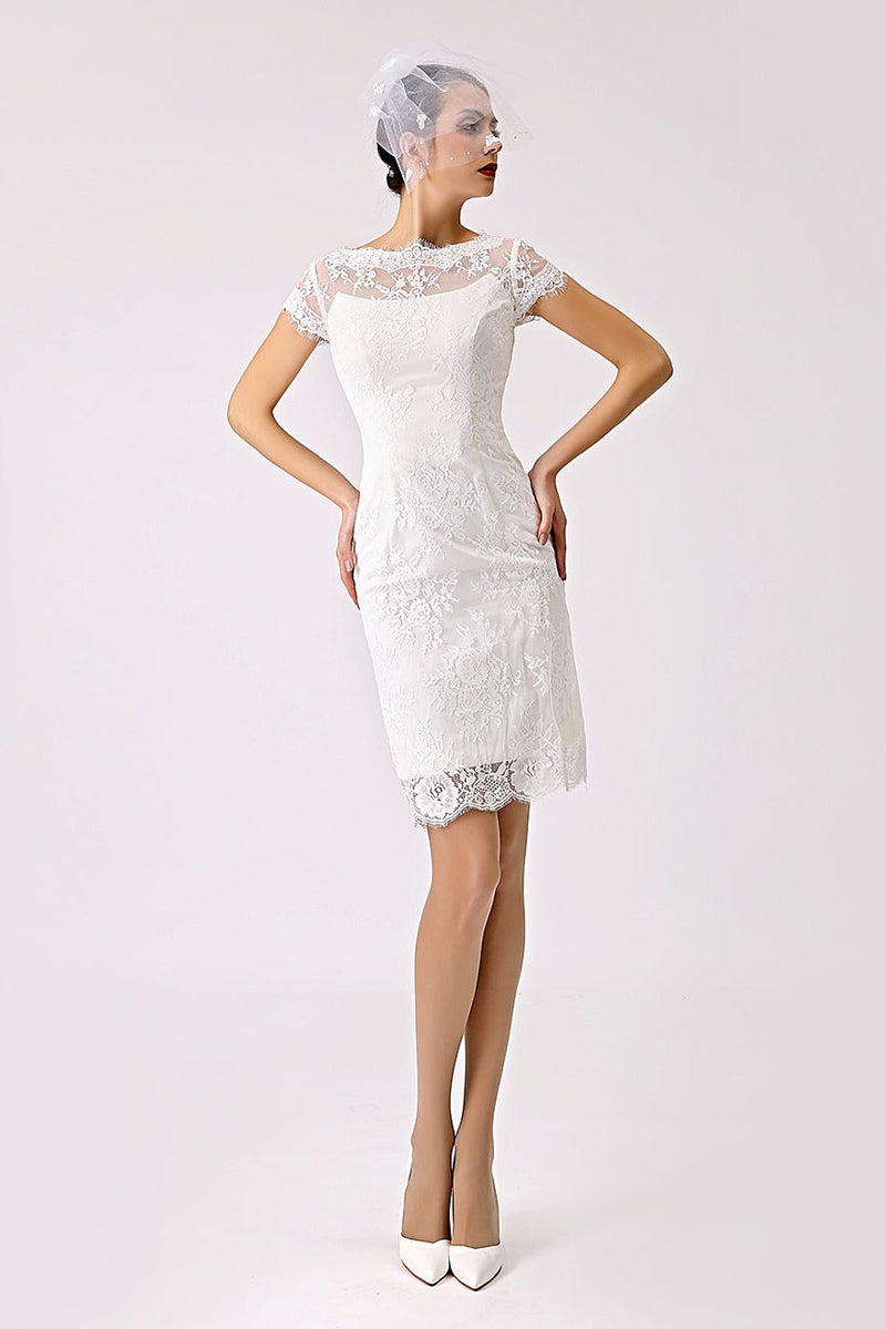 Short Casual Wedding Dresses Lace Illusion Short Sleeve Column Column Reception Dress for Bride – Dbrbridal Short Casual Wedding Dresses Lace Illusion Short Sleeve Column Column Reception Dress for Bride – Dbrbridal