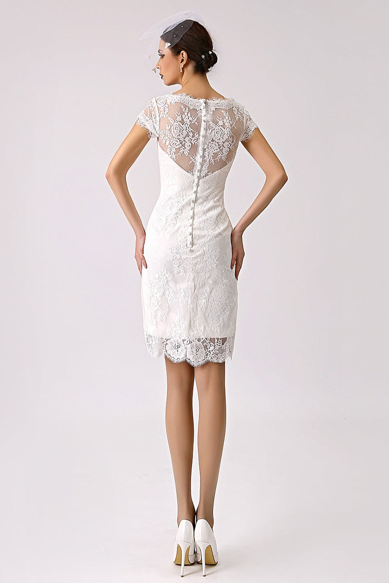 Short Casual Wedding Dresses Lace Illusion Short Sleeve Column Column Reception Dress for Bride Dbrbridal Short Casual Wedding Dresses Lace Illusion Short Sleeve Column Column Reception Dress for Bride Dbrbridal