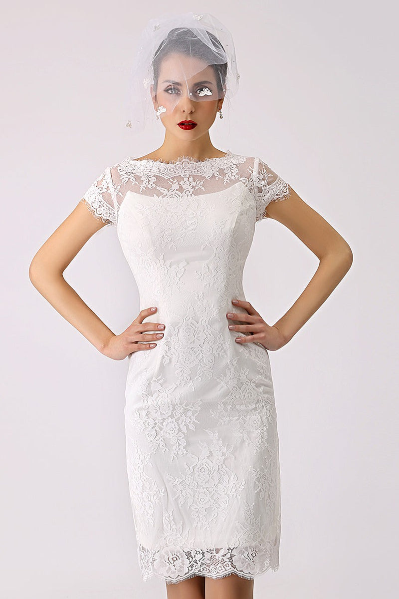 Short Casual Wedding Dresses Lace Illusion Short Sleeve Column Column Reception Dress for Bride Dbrbridal Short Casual Wedding Dresses Lace Illusion Short Sleeve Column Column Reception Dress for Bride Dbrbridal