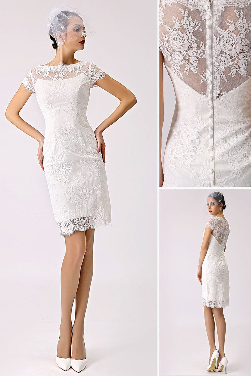 Short Casual Wedding Dresses Lace Illusion Short Sleeve Column Column Reception Dress for Bride – Dbrbridal