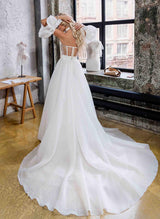 Short Sleeves Sweep Train Satin Wedding Dresses-Dbrbridal