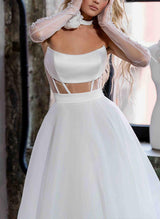 Short Sleeves Sweep Train Satin Wedding Dresses-Dbrbridal