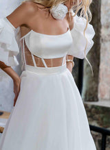 Short Sleeves Sweep Train Satin Wedding Dresses-Dbrbridal