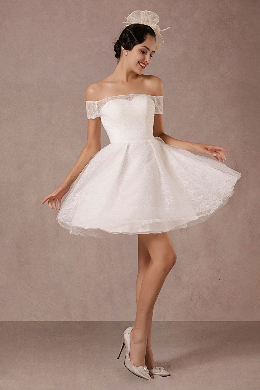 Short Wedding Dress Lace Off The Shoulder Mini A-line Retro Bridal