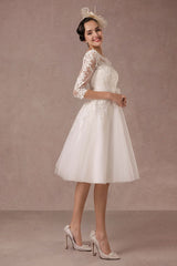 Short Wedding Dress Retro Lace Applique Long Sleeves Tea Length A-line Tulle Bridal Gown With Flower Sash Exclusive-Dbrbridal