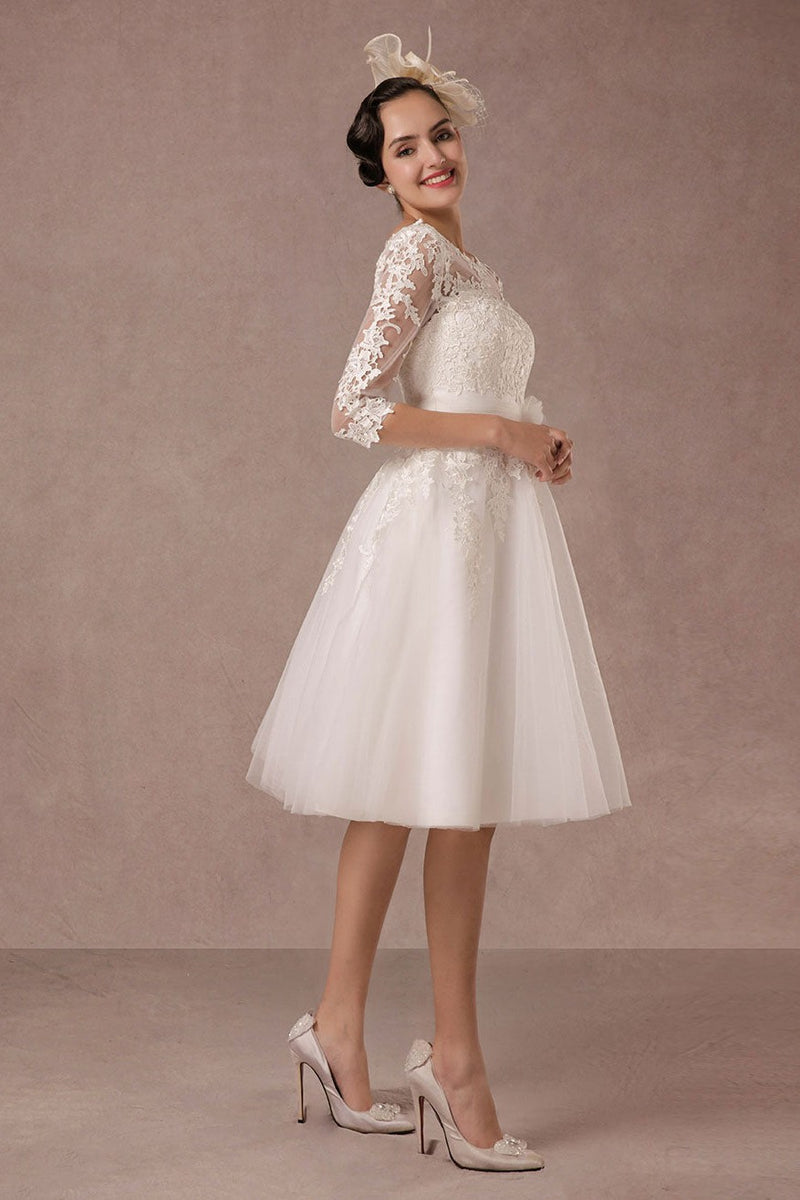 Short Wedding Dress Retro Lace Applique Long Sleeves Tea Length A-line Tulle Bridal Gown With Flower Sash Exclusive-Dbrbridal