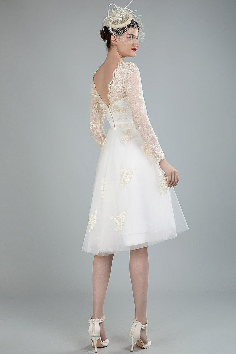 Short Wedding Dress Tulle Knee Length V-Neck Long Sleeves A-line Bridal Gowns Dbrbridal Short Wedding Dress Tulle Knee Length V-Neck Long Sleeves A-line Bridal Gowns Dbrbridal
