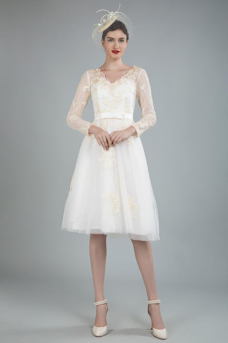 short bridal dress with sleeves Short Wedding Dress Tulle Knee Length V-Neck Long Sleeves A-line Bridal Gowns – Dbrbridal