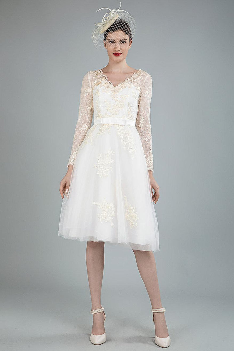 Short Wedding Dress Tulle Knee Length V-Neck Long Sleeves A-line Bridal Gowns Dbrbridal Short Wedding Dress Tulle Knee Length V-Neck Long Sleeves A-line Bridal Gowns Dbrbridal