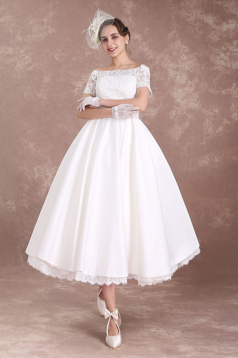 Short Wedding Dresses Retro Bridal Dress 1950's Bateau Lace Short Sleeve Ivory Bow Sash Tea Length Wedding Reception Dress – Dbrbridal
