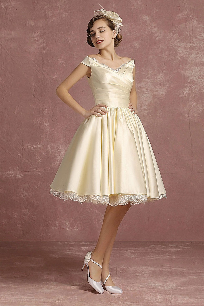Short Wedding Dresses Satin Retro Princess Bridal Dress Knee Length Sleeveless Lace Edge Pleated Bridal Gown With Ribbon Bow Dbrbridal Short Wedding Dresses Satin Retro Princess Bridal Dress Knee Length Sleeveless Lace Edge Pleated Bridal Gown With Ribbon Bow Dbrbridal