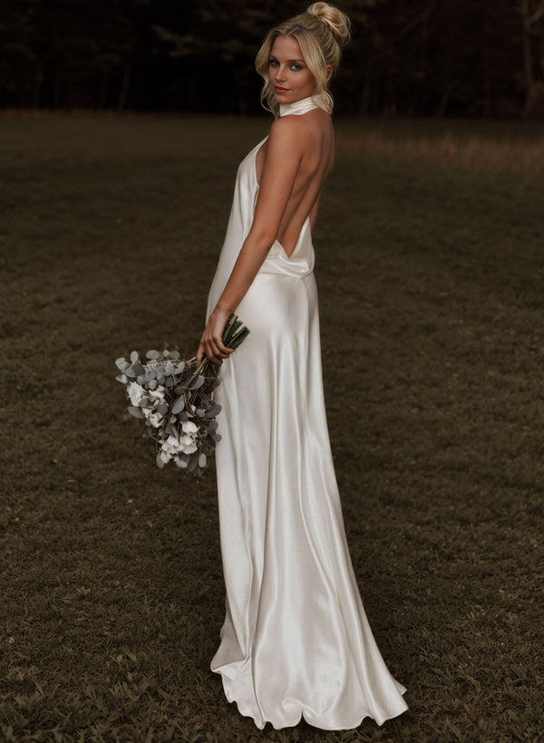 Silk Like Satin Backless Halter Sheath Fitted Wedding Dresses-Dbrbridal