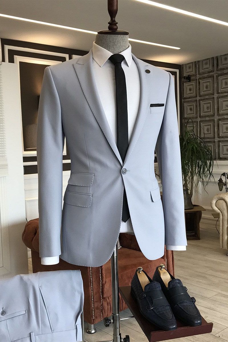 Silver Peaked Lapel One Button 3 flaps Men's Business Suitss-Dbrbridal