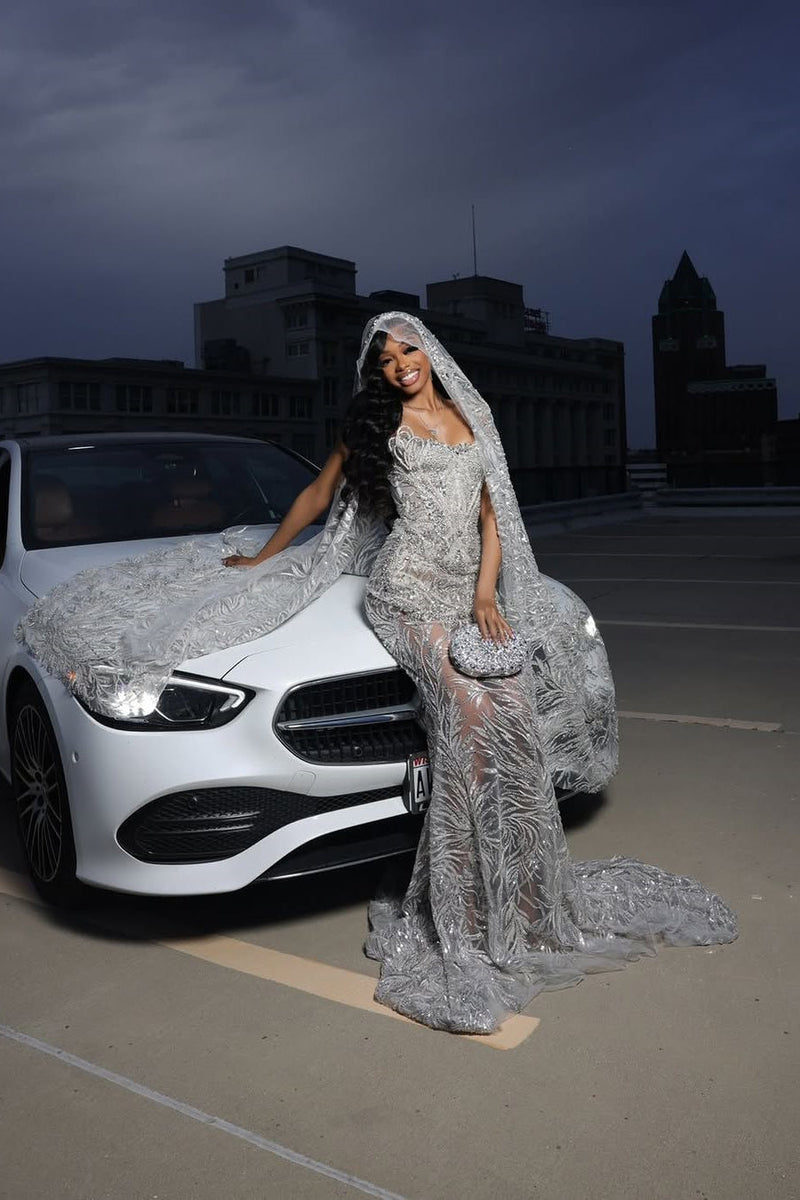 Silver Sparkle Beaded Mermaid Court Train Sweetheart Sleeveless Prom Dresses-Dbrbridal