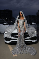 Silver Sparkle Beaded Mermaid Court Train Sweetheart Sleeveless Prom Dresses-Dbrbridal