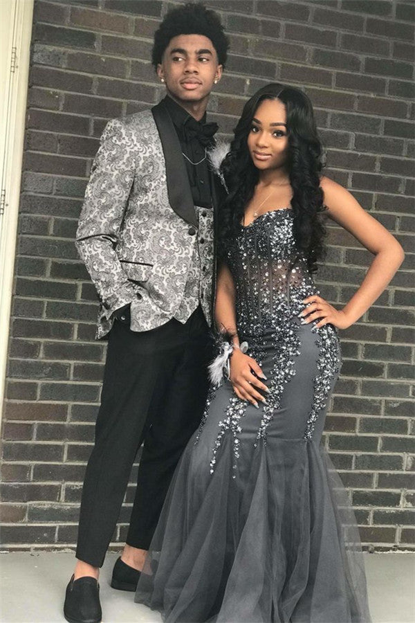 Silver Two Piece Jacquard Men's Suit Slim Fit One Button Prom Outfit-Dbrbridal