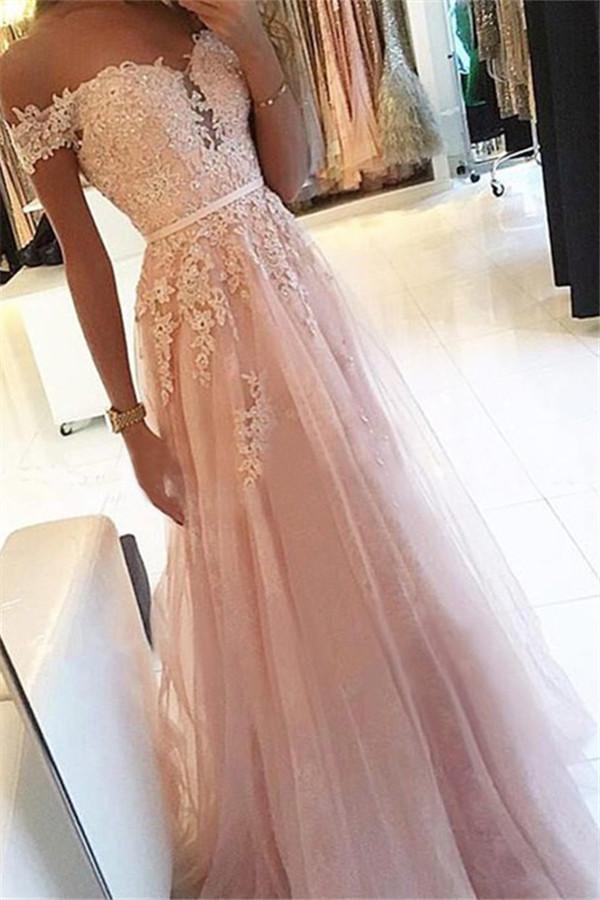 Simple Pink Off-the-Shoulder Applique Prom Dresses Soft Tulle Sleeveless Chic Evening Dresses-Dbrbridal