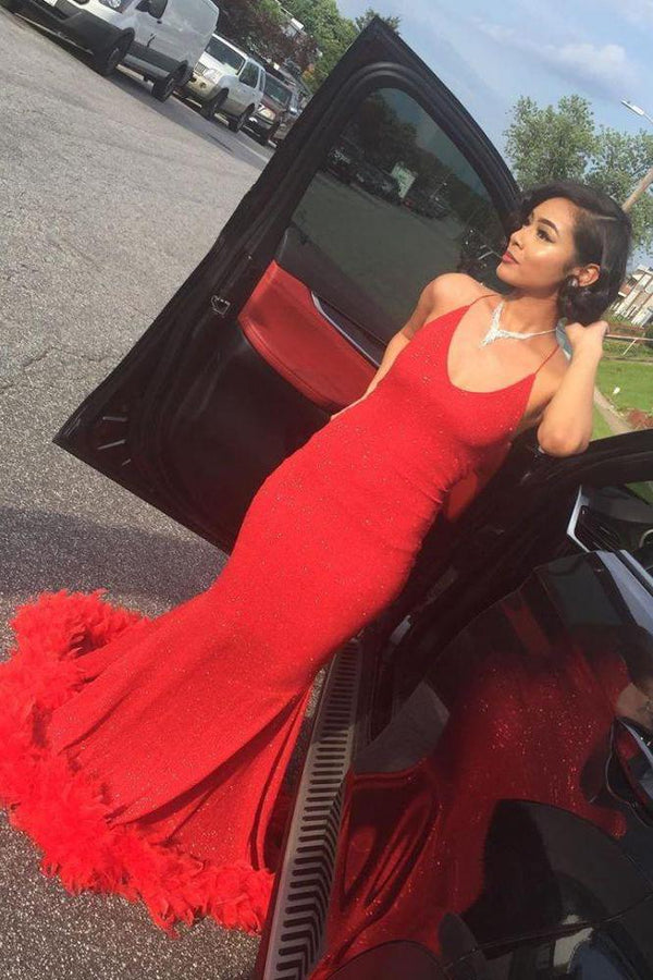 Simple Spaghetti V-Neck Mermaid Long Prom Dresses with Fur Train-Dbrbridal